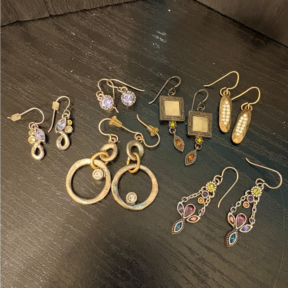 Patricia Locke earrings 6 pair of silver tone dangle colorful rhinestones